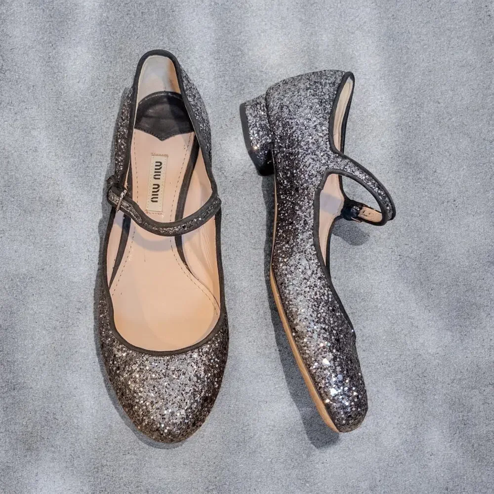 Miu Miu Glitter Mary Jane Low Heel Pumps EU 36 Silver Gray Made in Italy